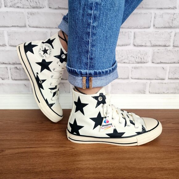 ⭐CONVERSE Chuck Taylor All Star Large Stars 7.5 Womens Shoes White Black A09898F - Picture 2 of 11